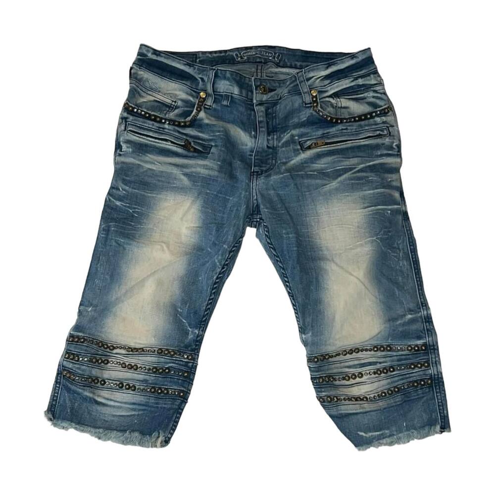 Robin’s Jeans Denim Studded Bermuda Shorts Raw Hem Size 32